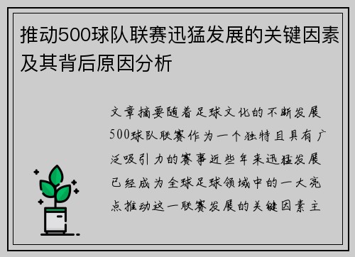 推动500球队联赛迅猛发展的关键因素及其背后原因分析 推动500球队联赛迅猛发展的关键因素及其背后原因分析